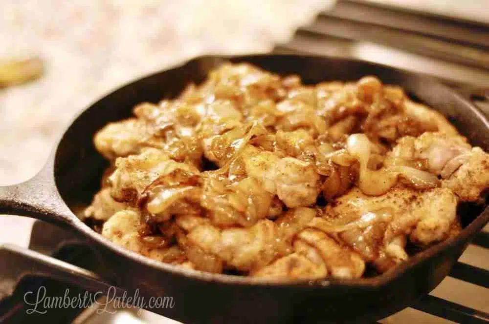 onion chicken thighs in a cast iron skillet on a stovetop.