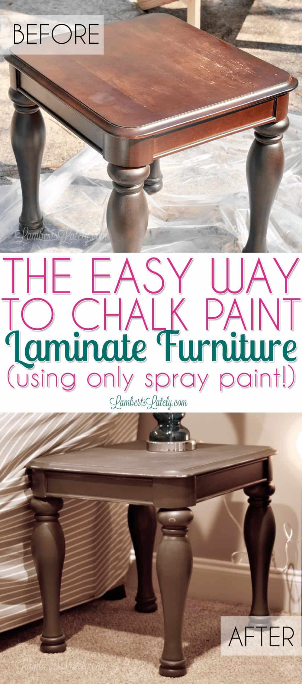 Great tutorial on how to chalk paint laminate furniture - in this tutorial, she uses only spray paint to refinish cheap, damaged laminate wood!