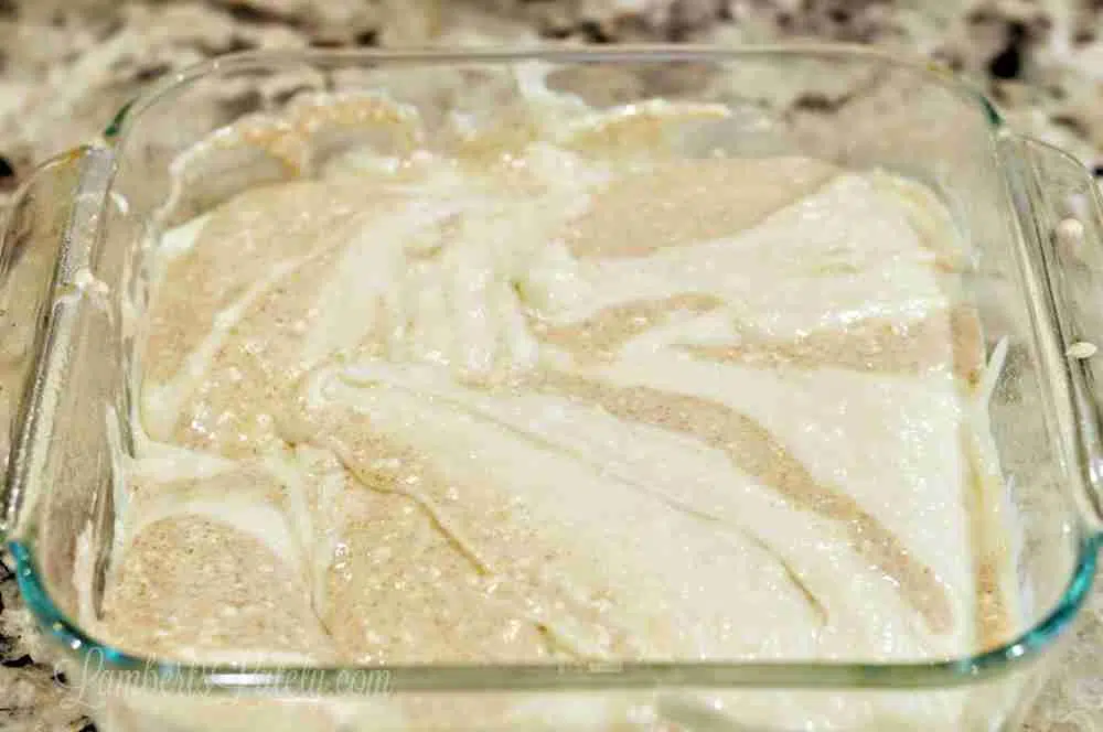 cream cheese cinnamon mixture swirled into batter.