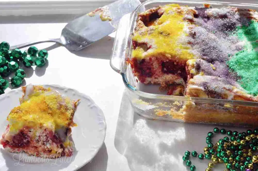 king cake earthquake cake in a baking dish and on a plate