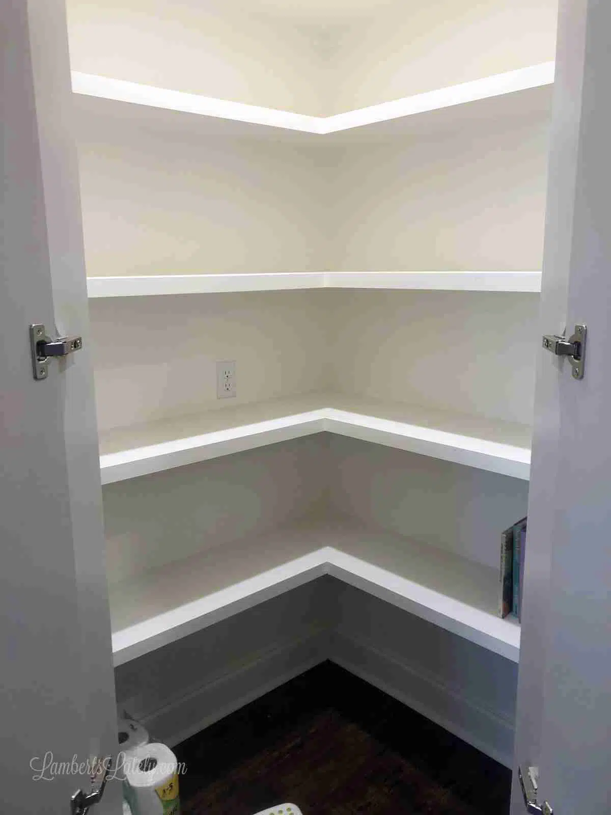 empty pantry with white shelves.