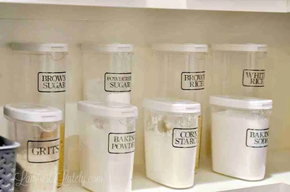 clear canisters with labels lined up on a pantry shelf.