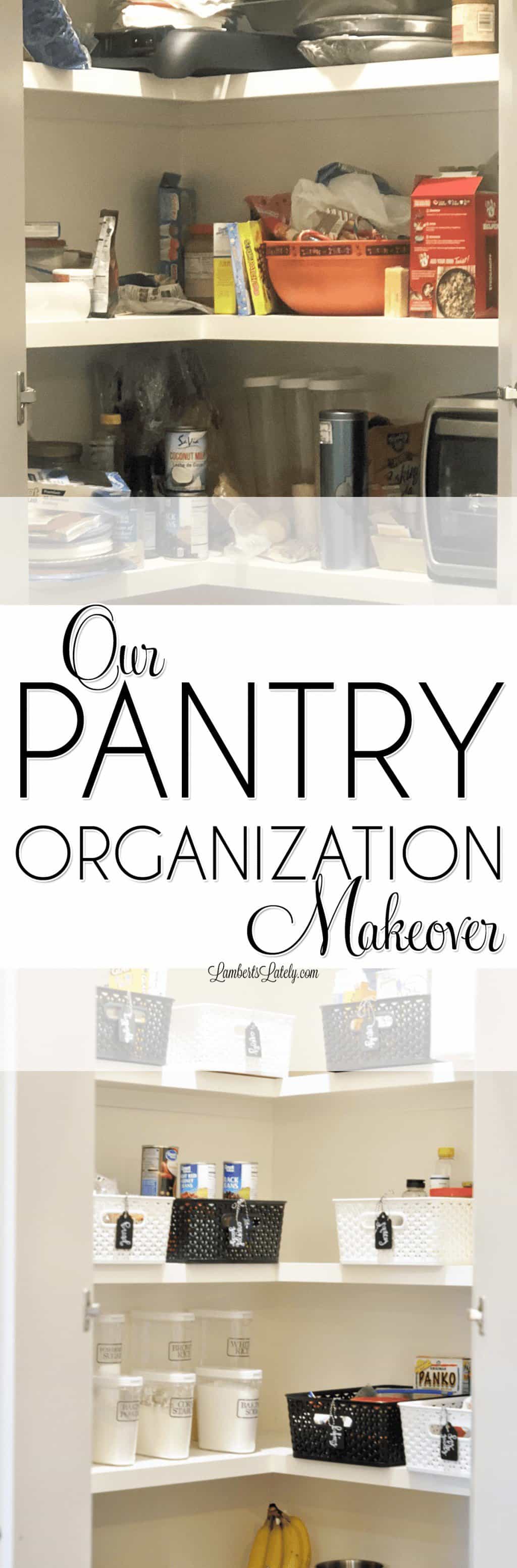 The before and after of this DIY pantry organization makeover is awesome! She completely redid her walk-in pantry on a budget with cute, farmhouse touches.