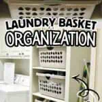 Organized laundry baskets in a closet for darks, lights, and reds.