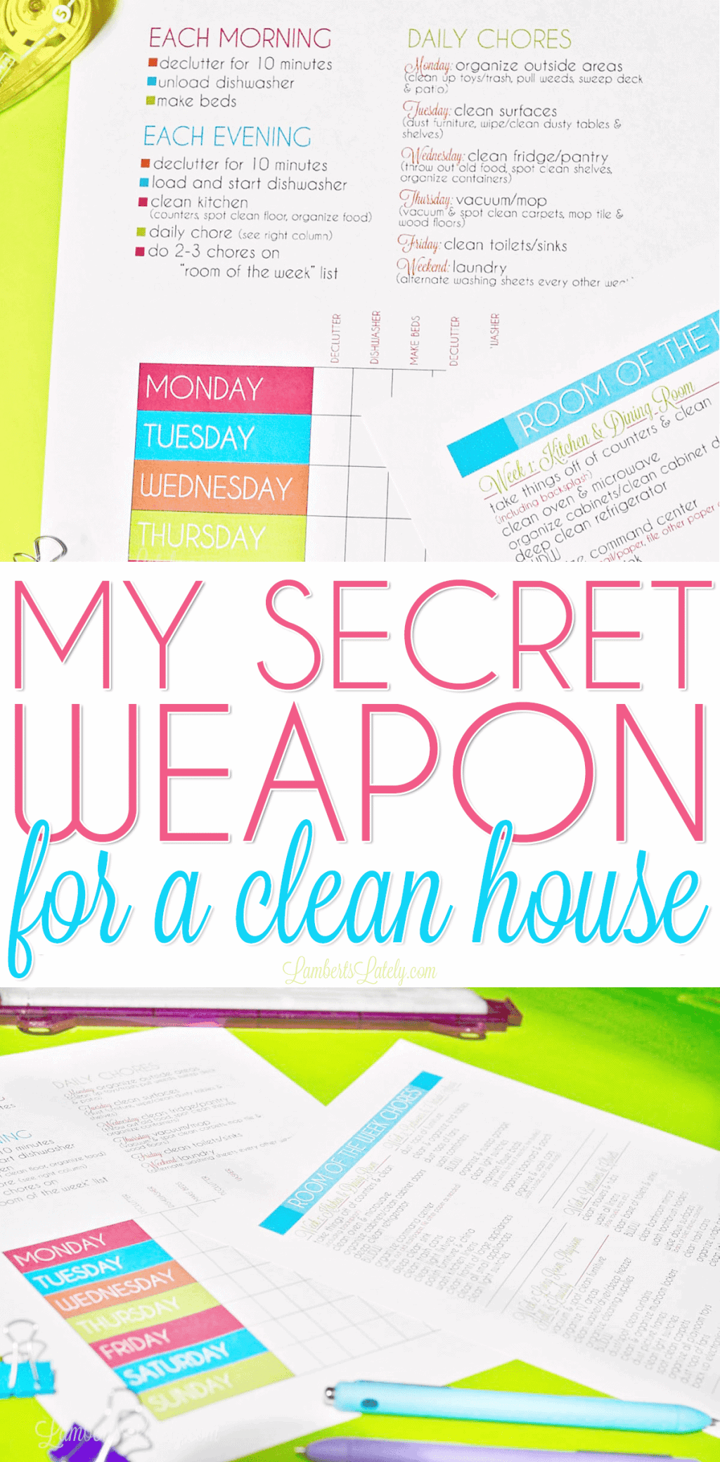 This is an awesome free printable cleaning schedule checklist! I love the bright colors and the fact that it is for both a working mom and a stay at home mom. This template makes weekly/daily cleaning so simple!