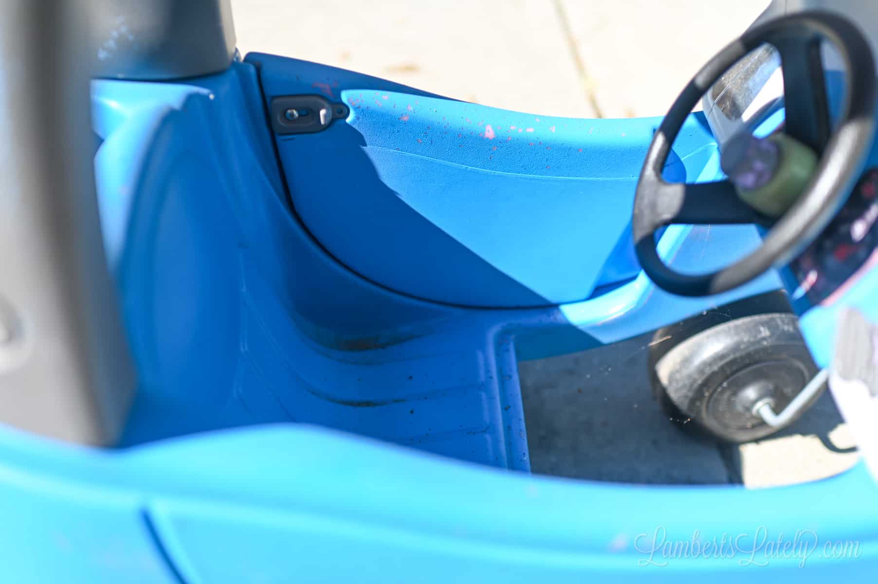 inside of cozy coupe makeover after 6 years of use.