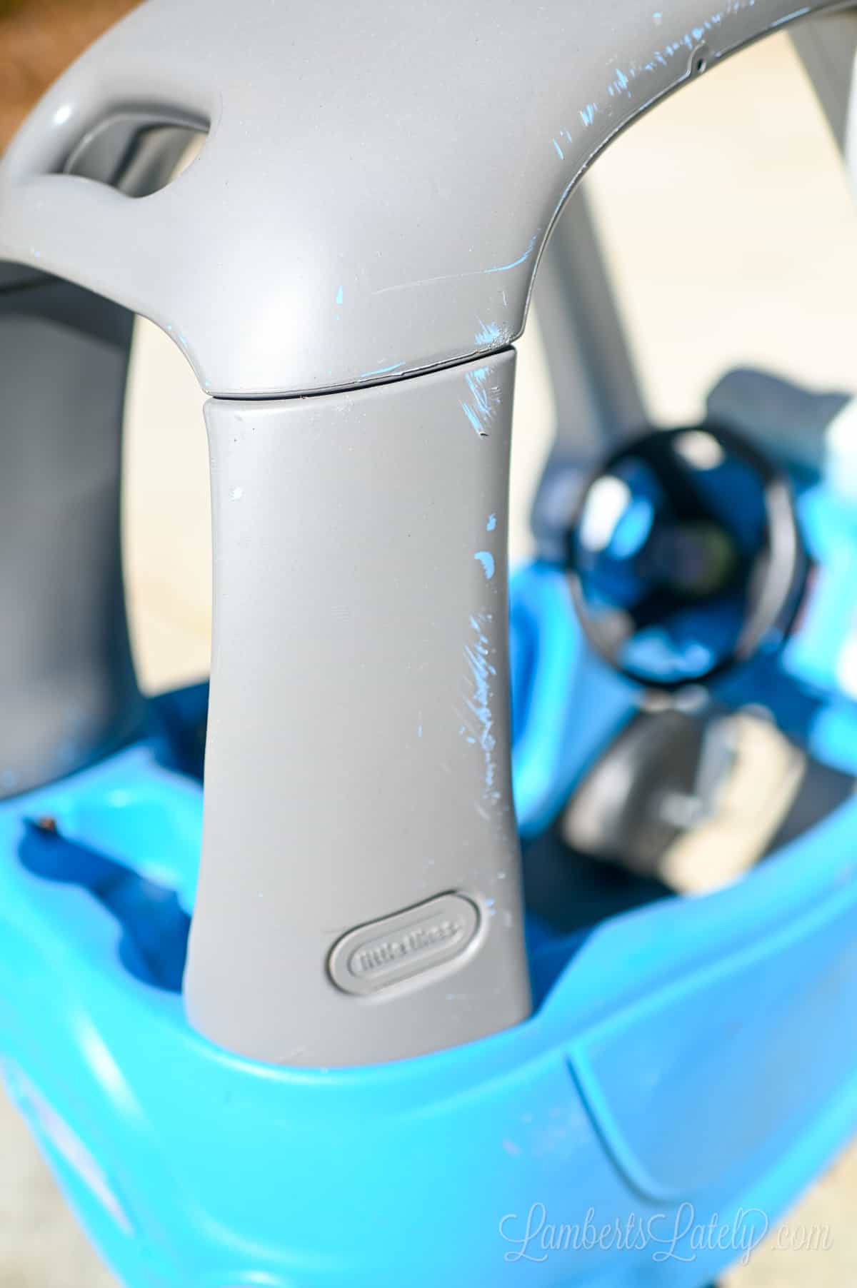 back of cozy coupe makeover after 6 years of use.