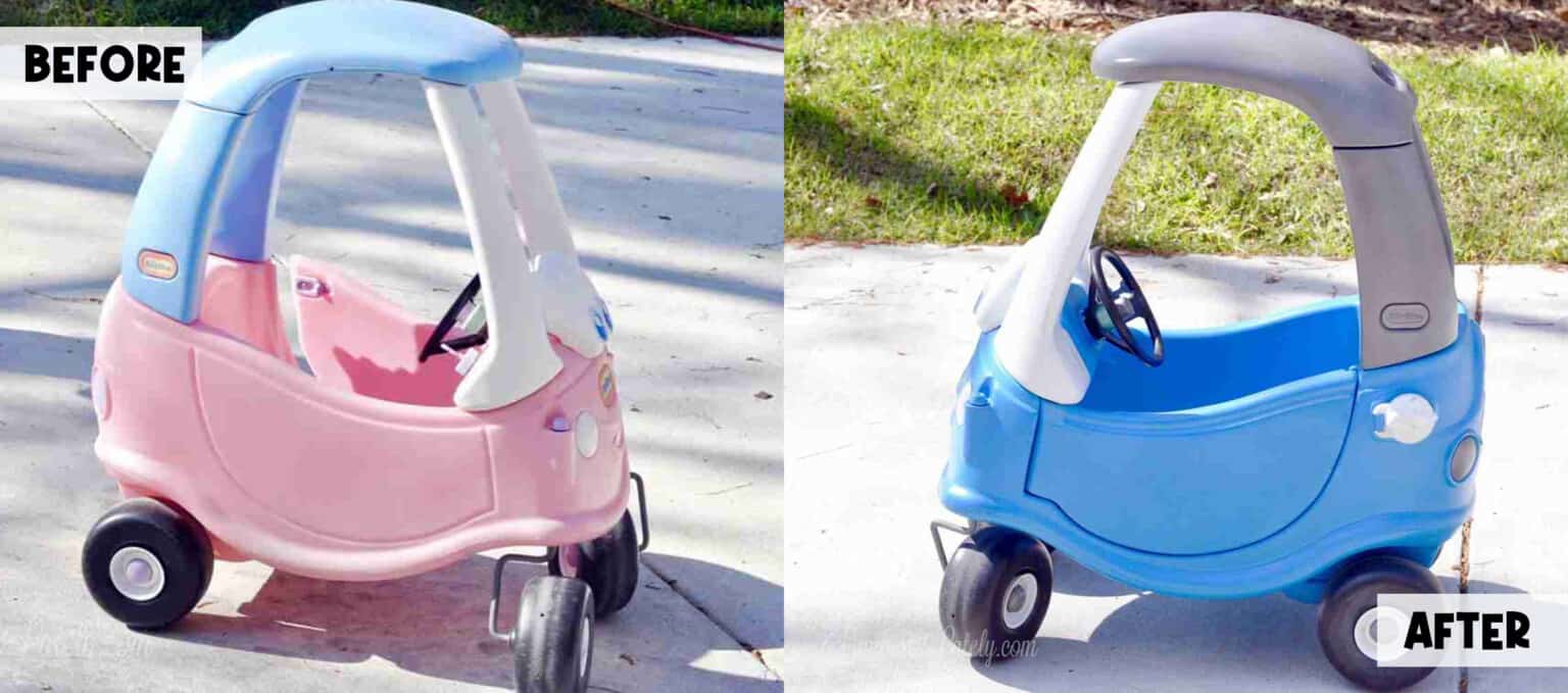 before and after of a little tikes cozy coupe makeover.