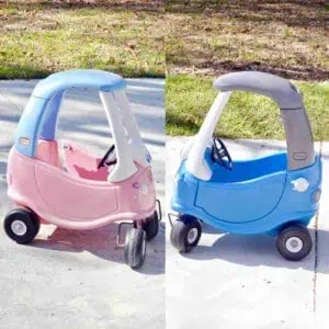 before and after of a little tikes cozy coupe makeover.