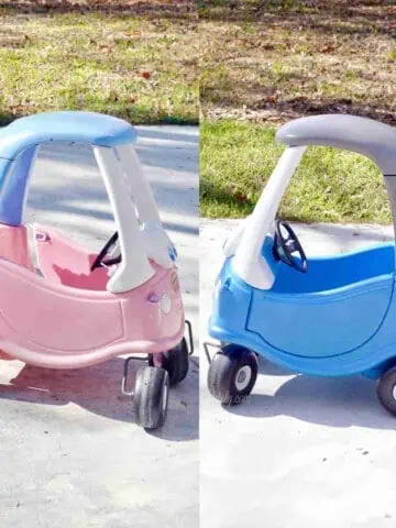 before and after of a little tikes cozy coupe makeover.