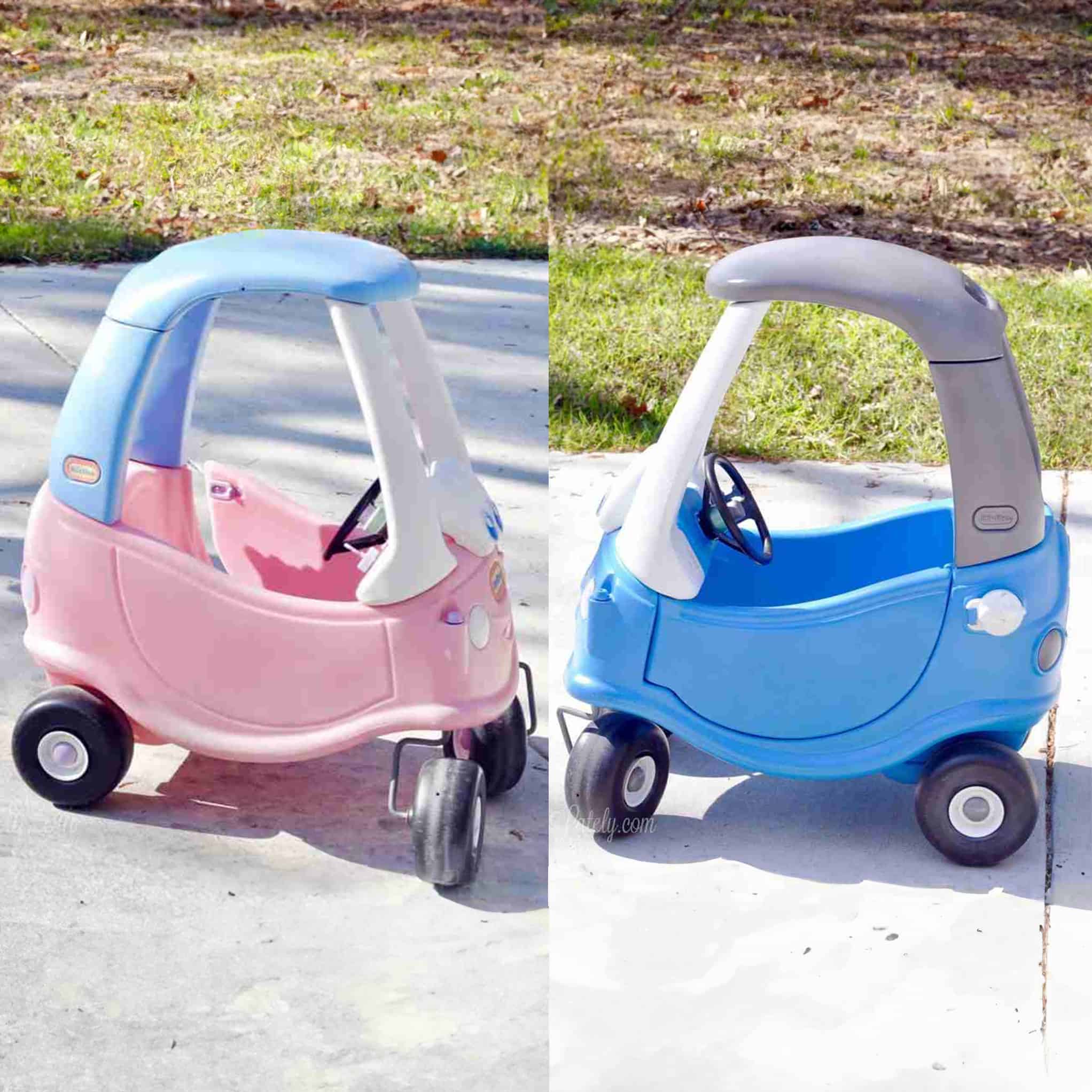 before and after of a little tikes cozy coupe makeover.