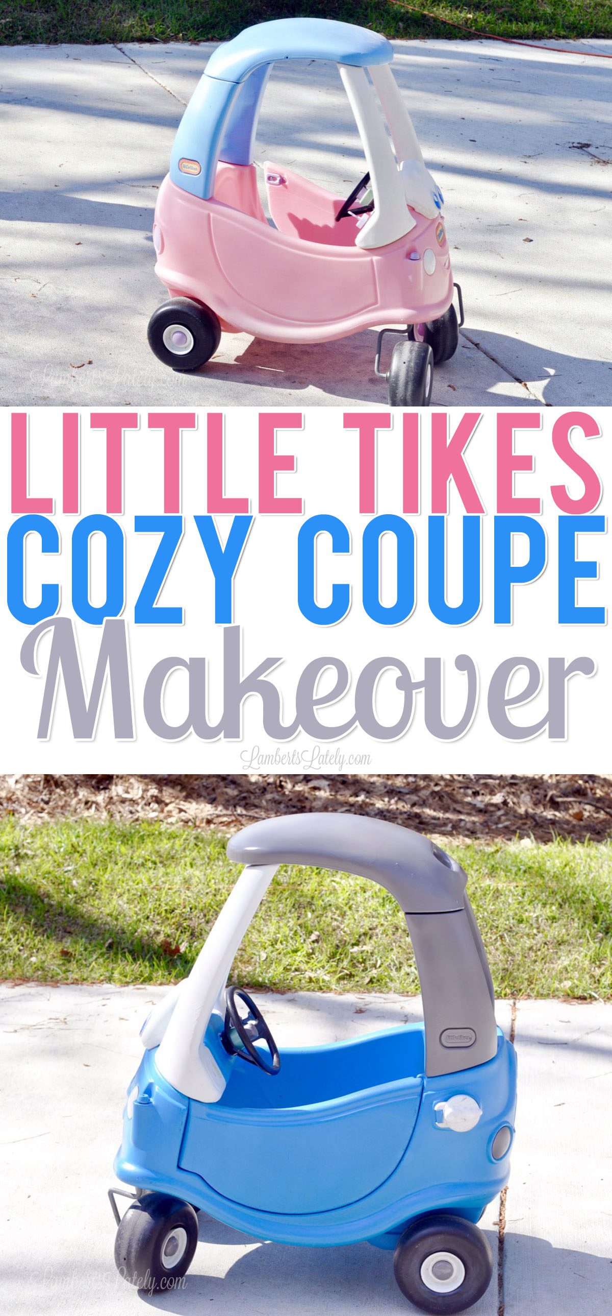 This is an awesome tutorial for how you can give a Little Tikes Cozy Coupe car a DIY makeover (for boys or girls) with simple cleaning and spray paint! Great project to do with kids.