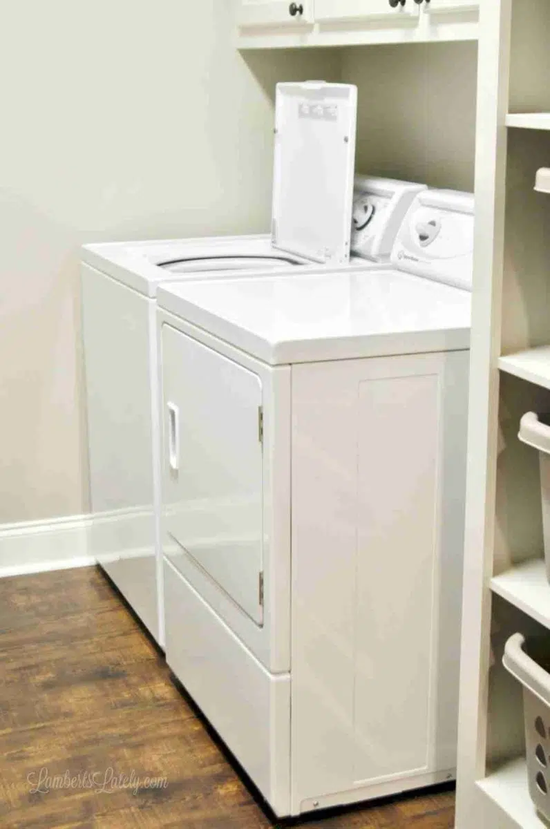 speed queen washer and dryer in a laundry room.