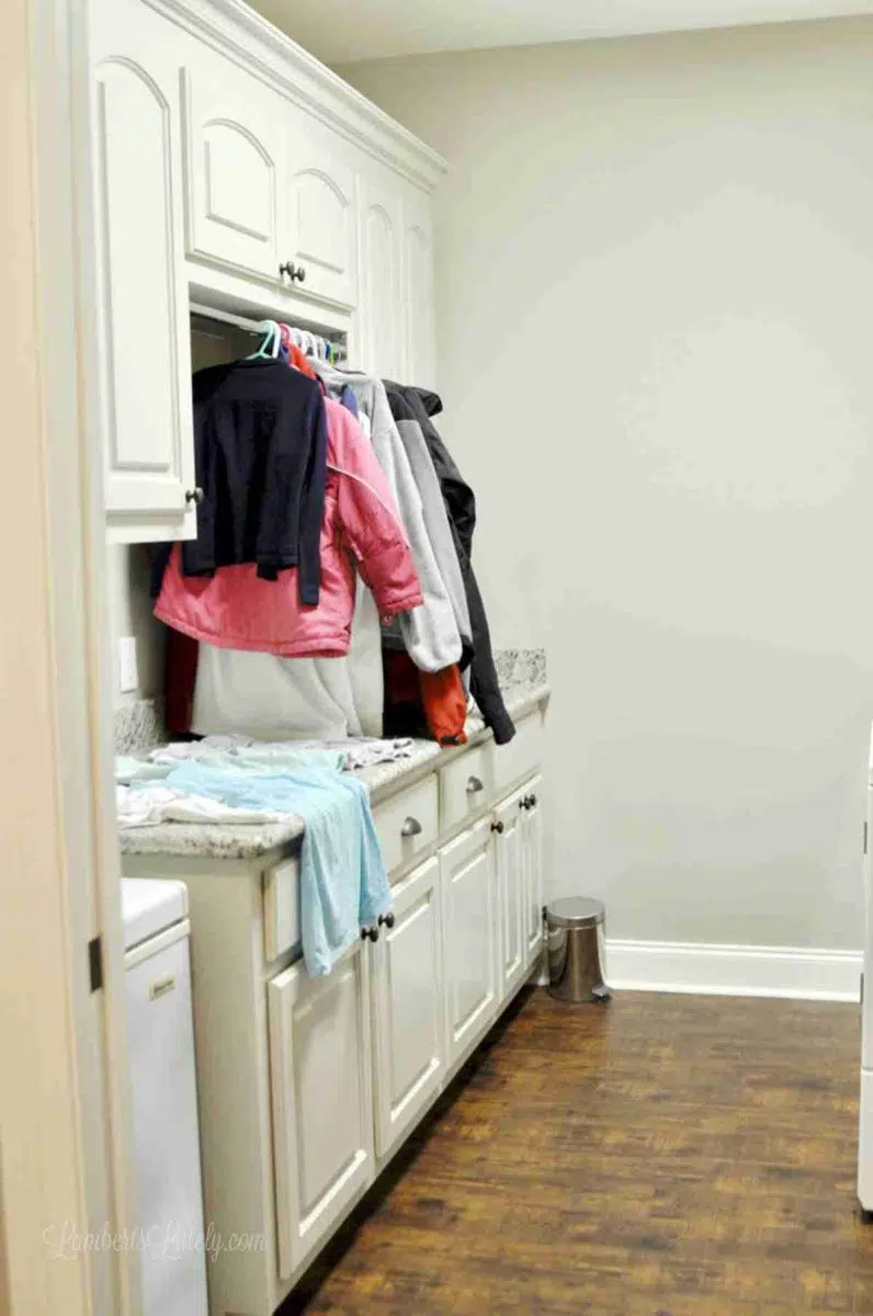 side of laundry room with cabinets and hanging bar.