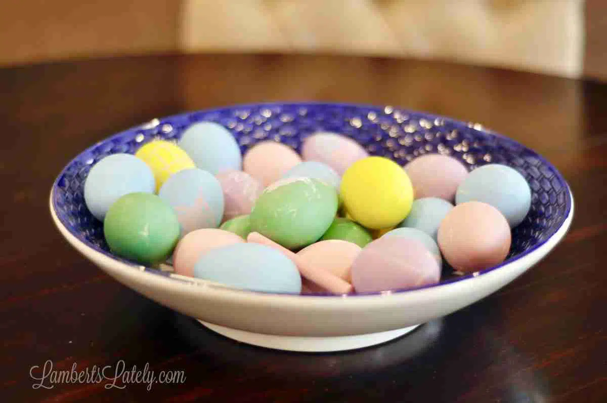 blue bowl of easter eggs.