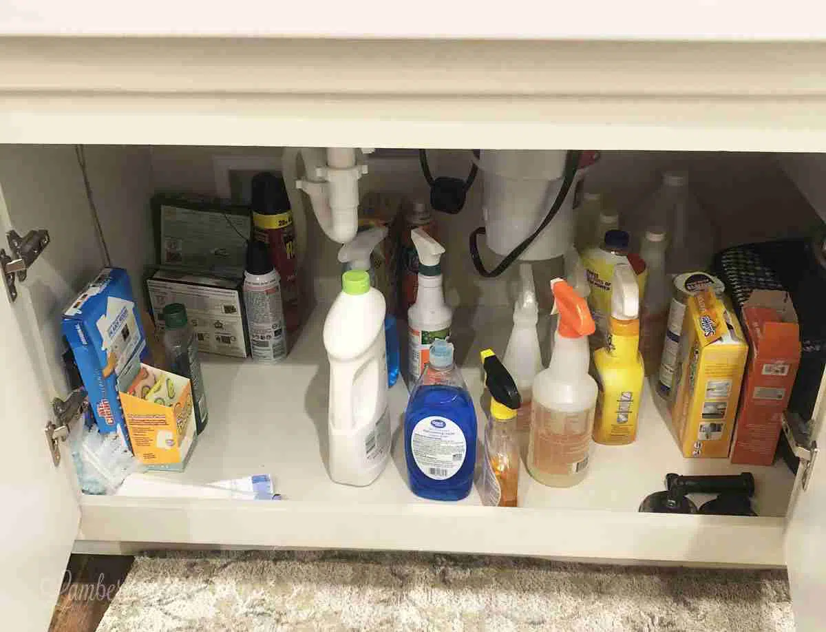 unorganized cleaning products under a kitchen sink.