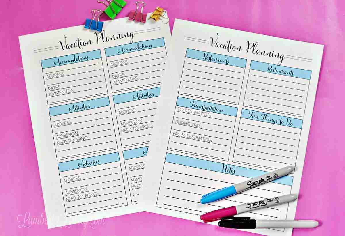 free vacation planner template printable
