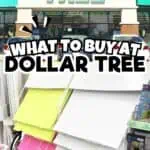 Dollar Tree storefront with colorful paper supplies and signage for office supplies.