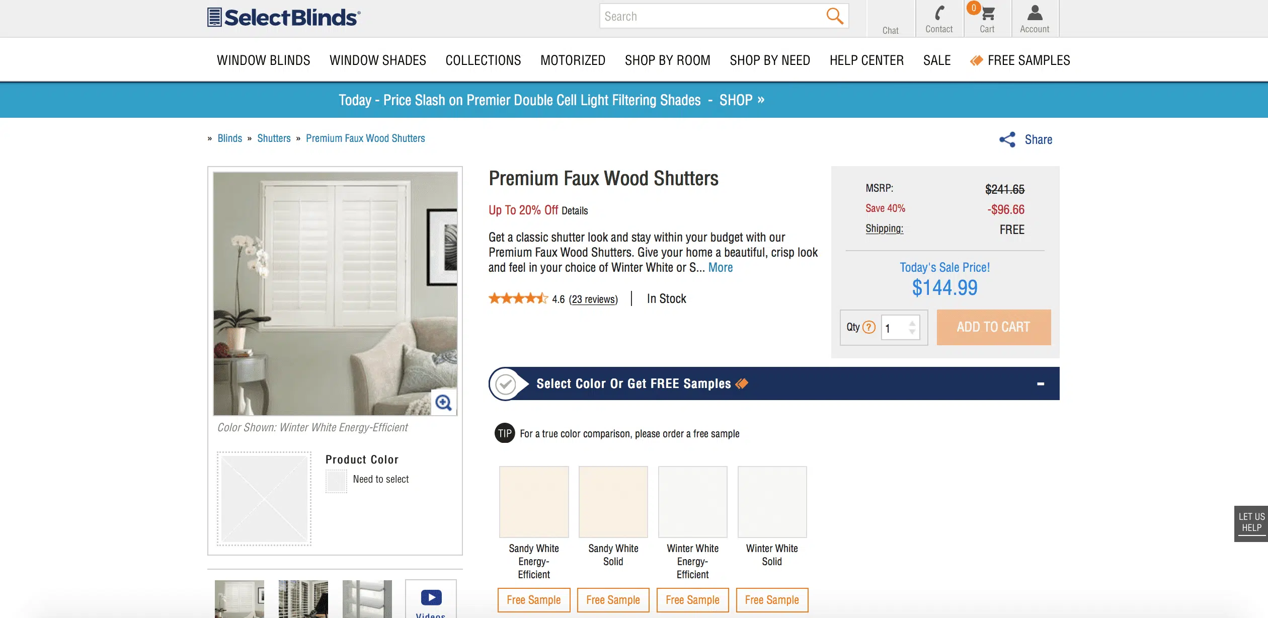 screenshot of premium faux wood shutters page on select binds website.
