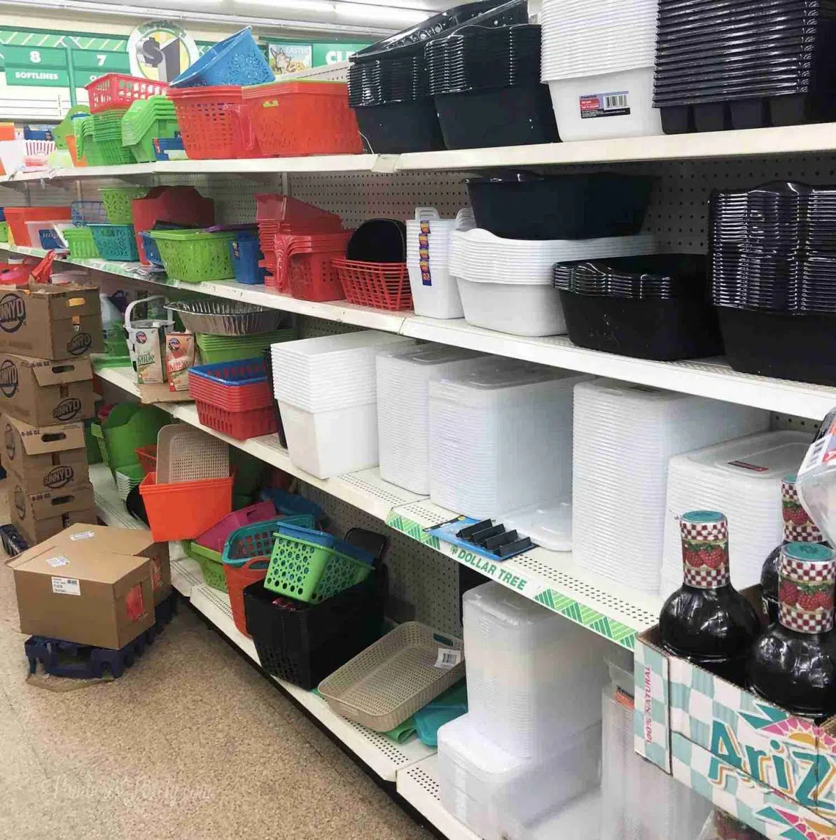 plastic storage bins on shelves at dollar tree.