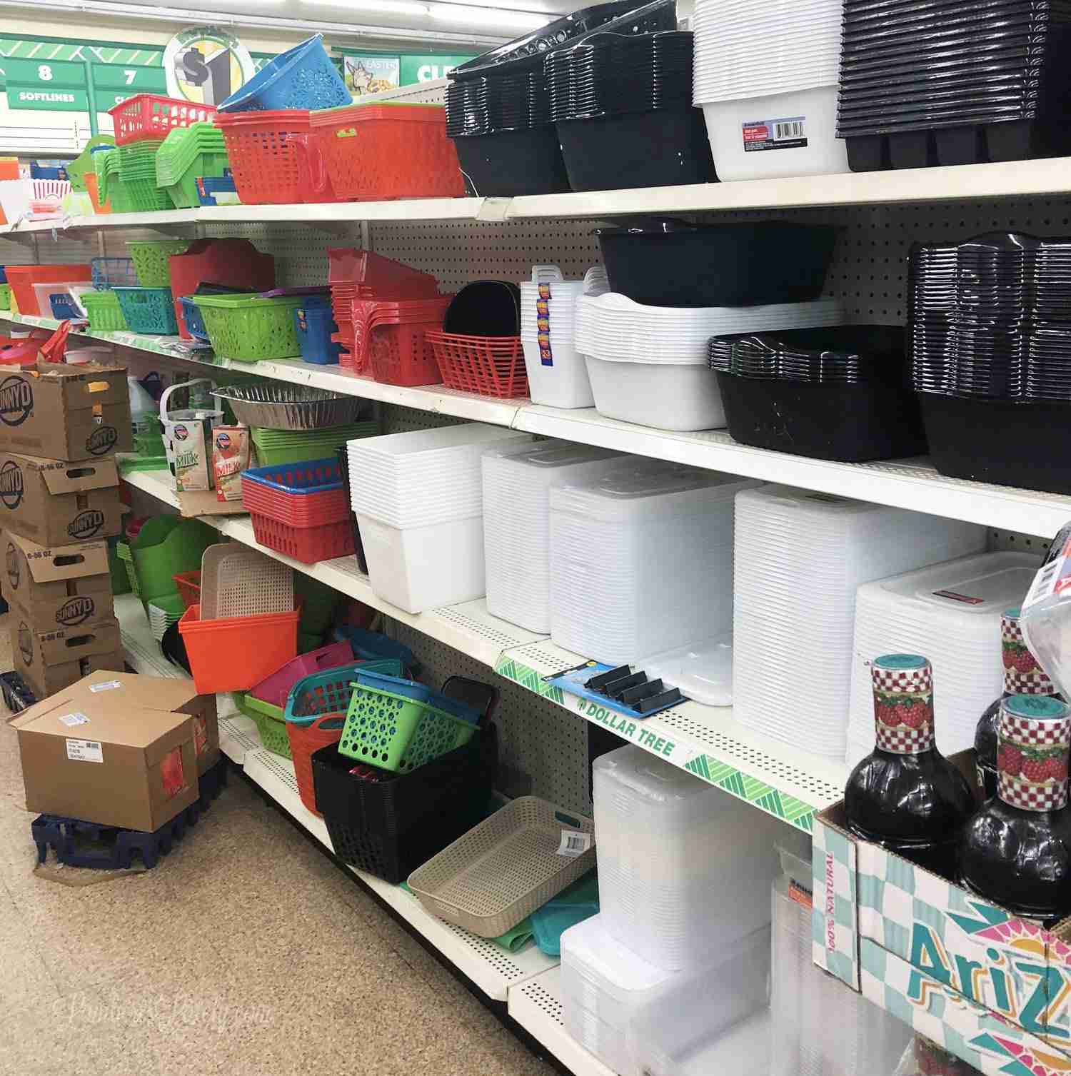 plastic storage bins on shelves at dollar tree.