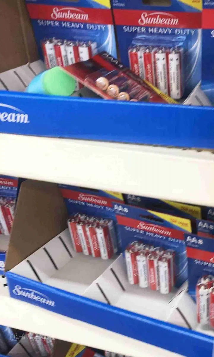 batteries on a dollar store shelf.