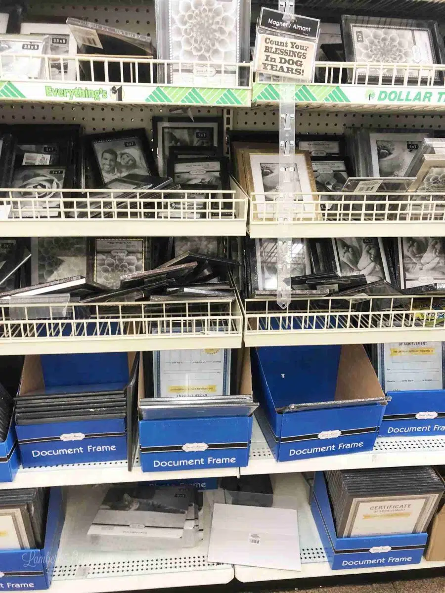 picture frames on a shelf at dollar store.