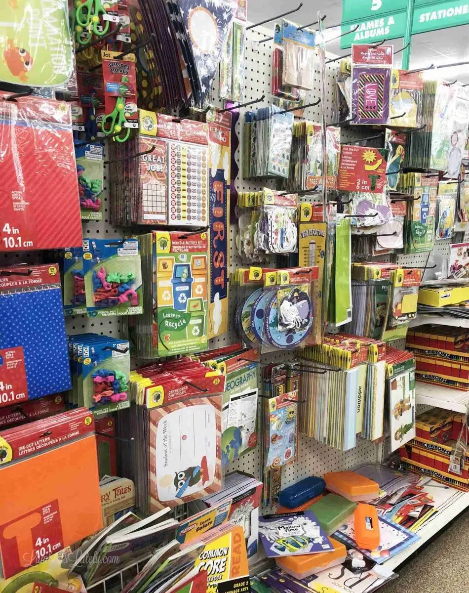 teacher supplies hanging at dollar tree.