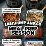 Meal prep session with various instant pot freezer meals including beef sandwiches, ragu, chili, and.
