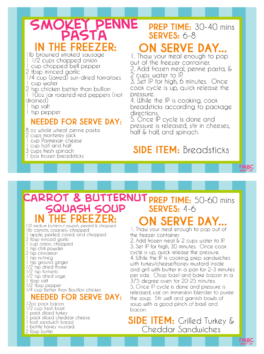 screenshot of freezer meal recipe cards.