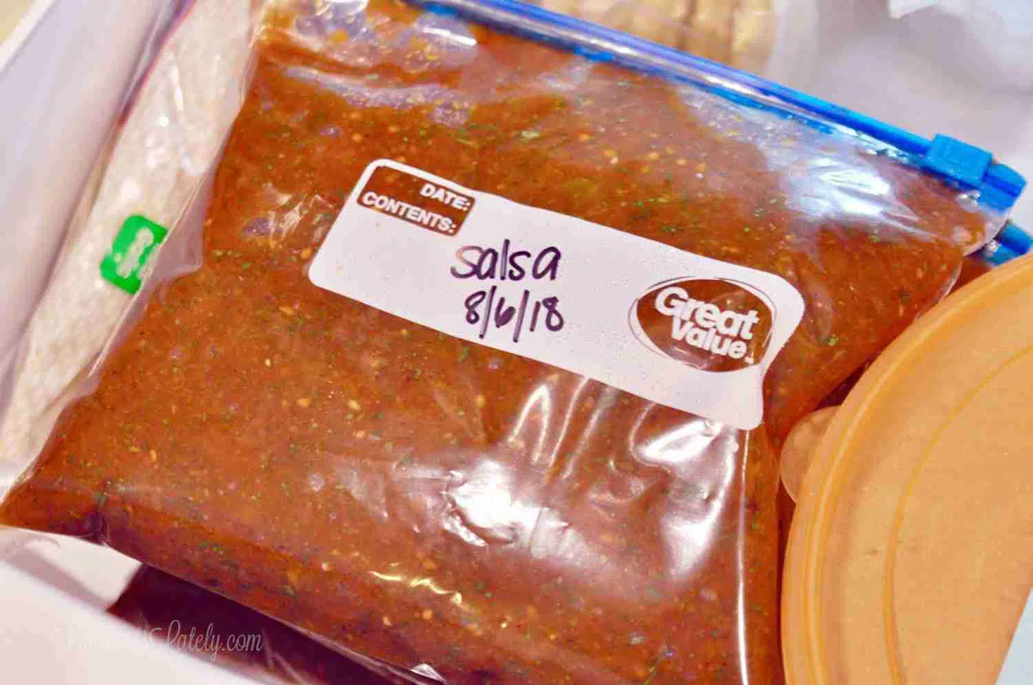 bagged salsa in a freezer