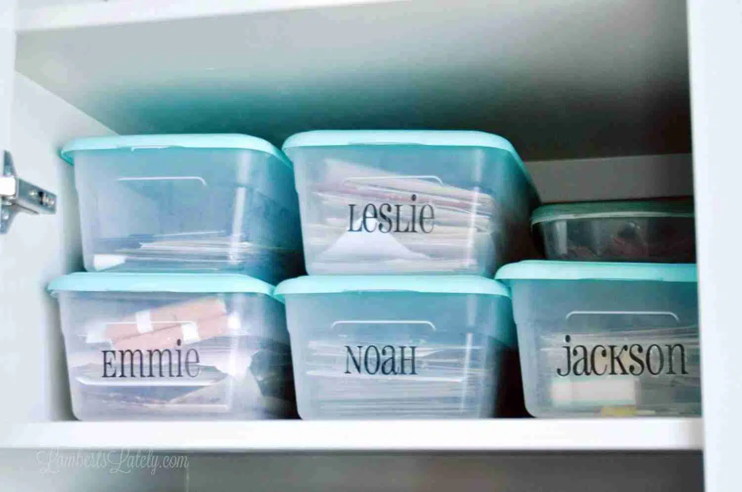 clear plastic shoe boxes with blue lids in a cabinet.