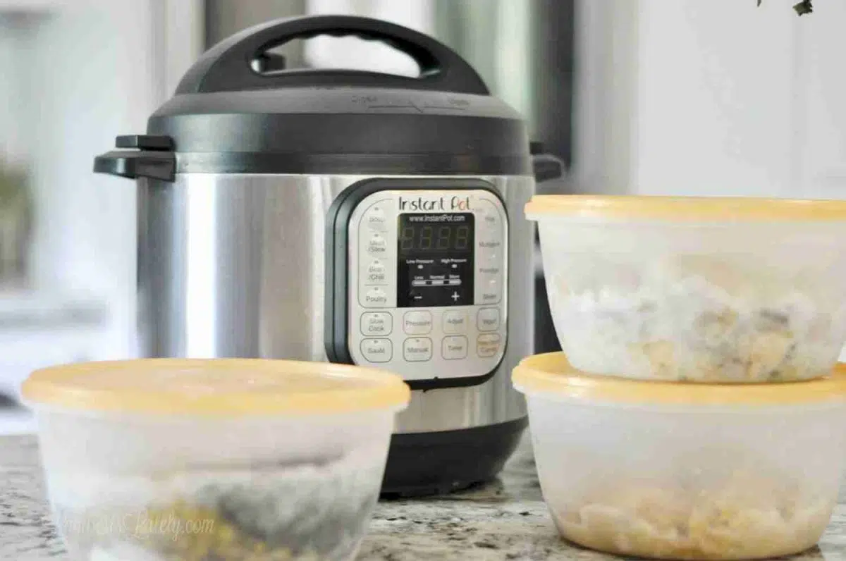 instant pot next to freezer meals stacked on a counter.