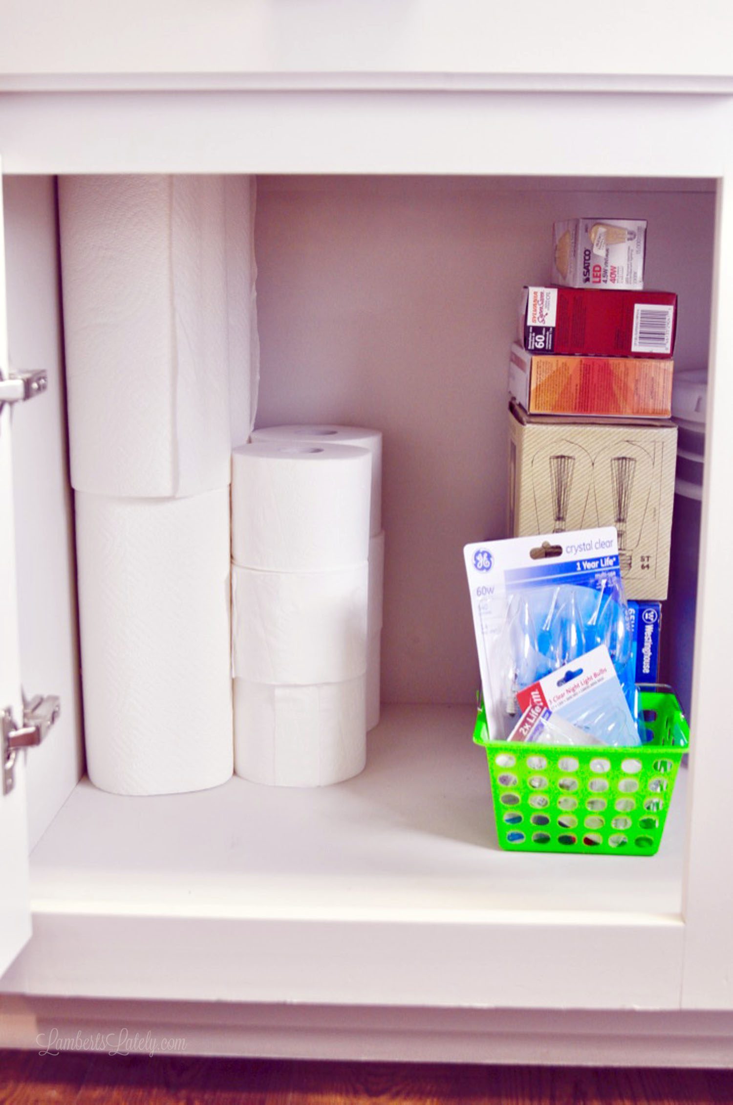 home supplies in a cabinet.