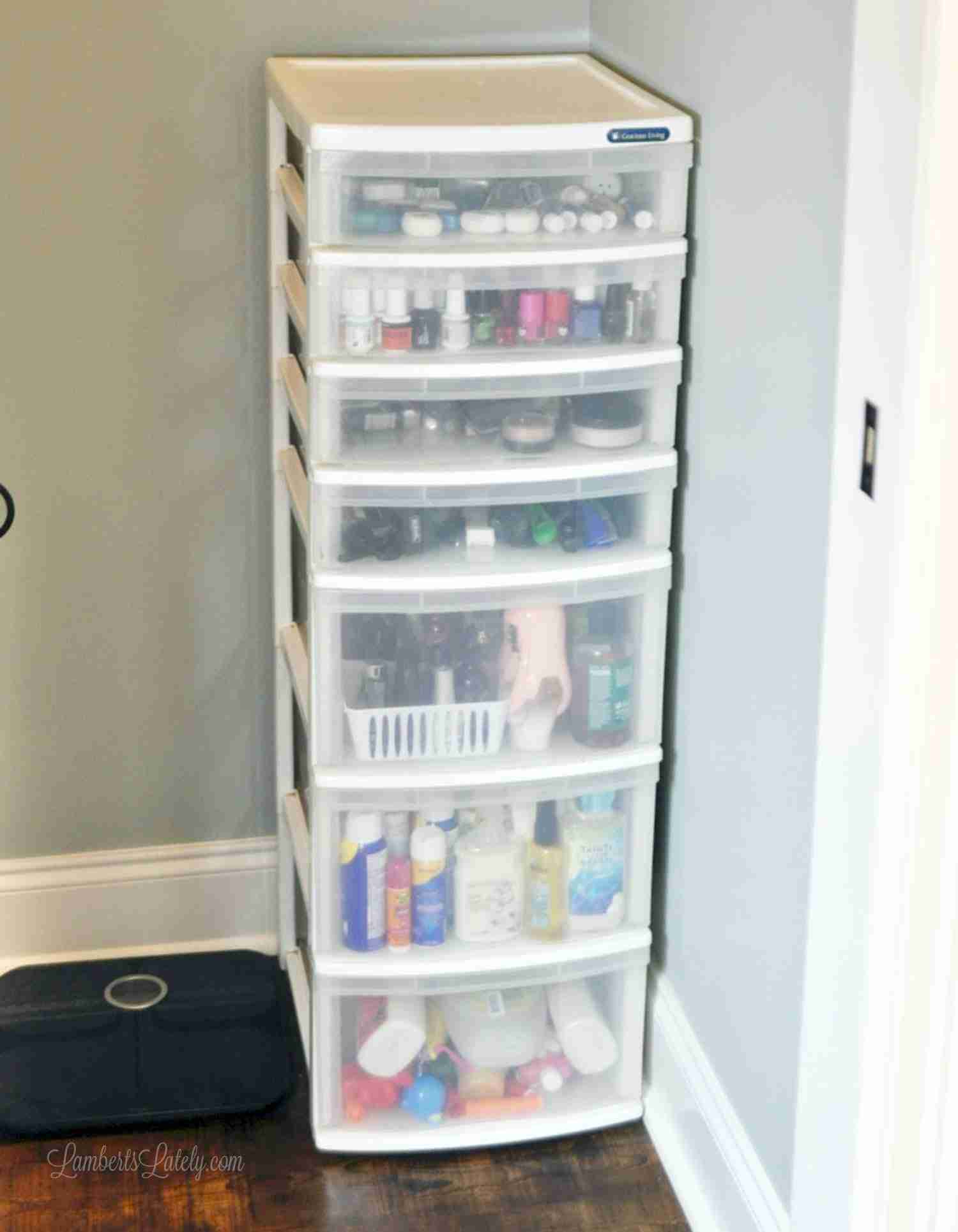 plastic shelf stack in a bathroom.
