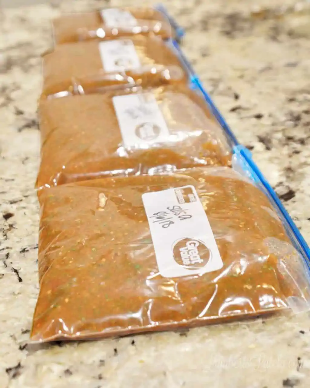 bags of freezer salsa on a countertop.