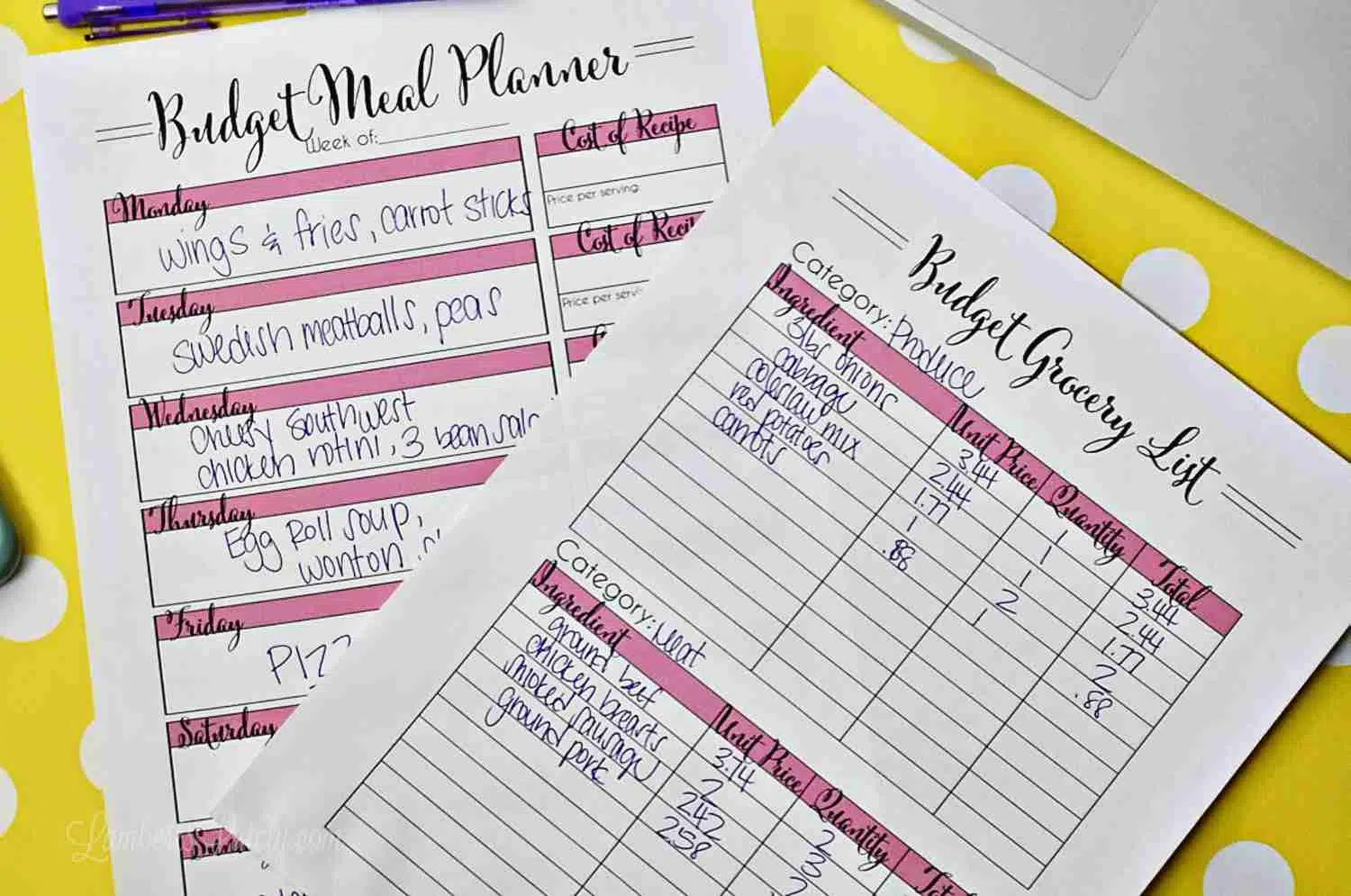 two budget meal printables on a yellow polka dot background.