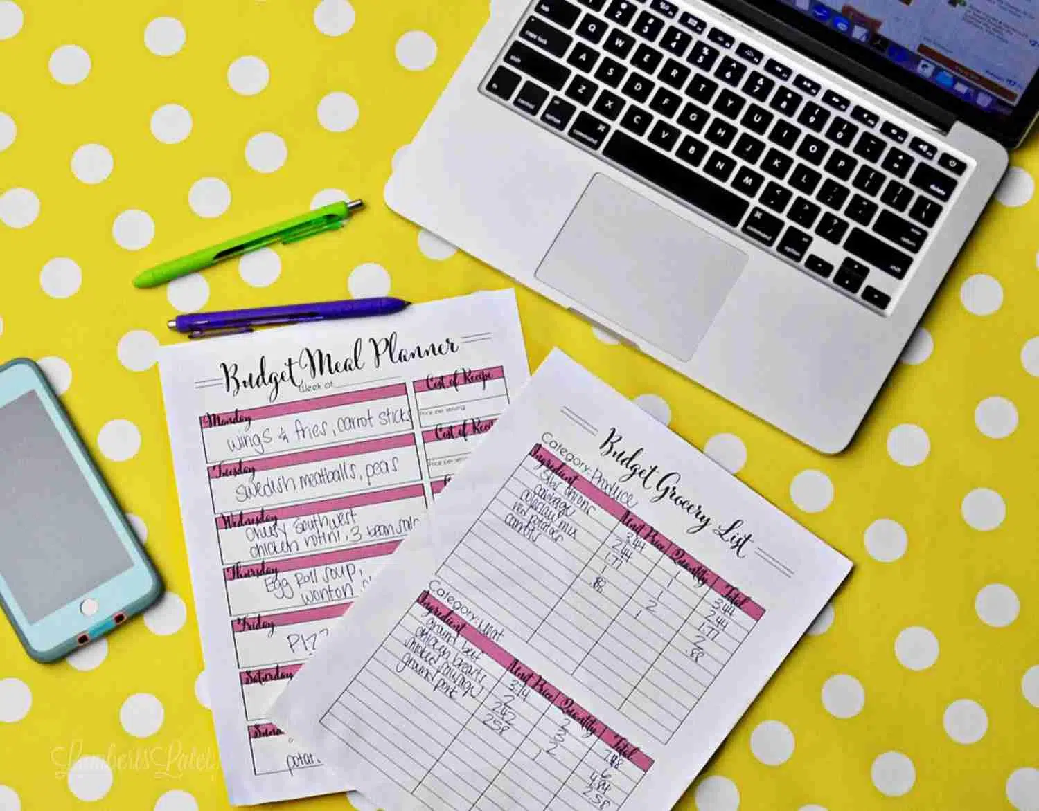 computer, budget grocery planning printables on a yellow polka dot background.