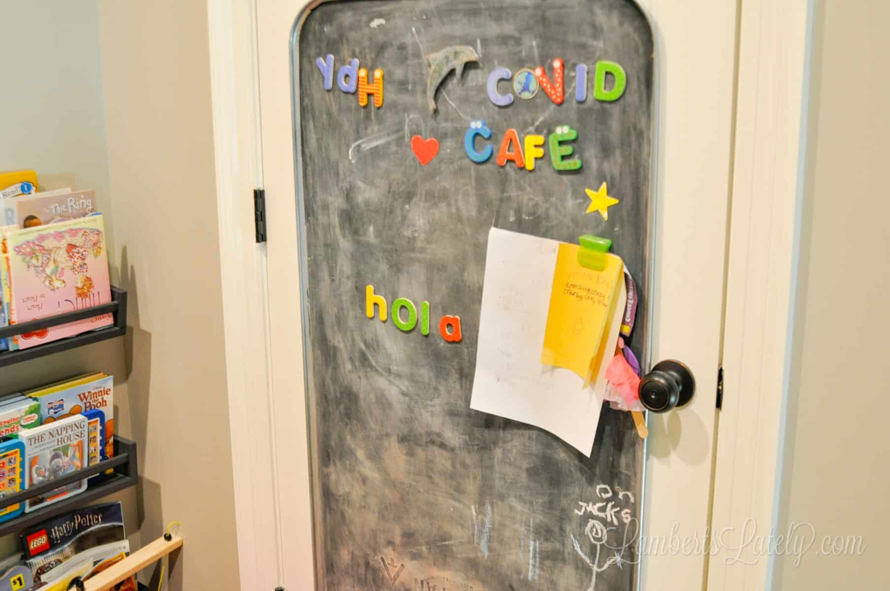 auto drip pan turned into chalkboard on a door.