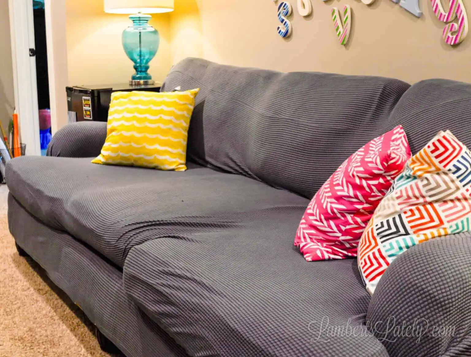 couch with colorful pillows.
