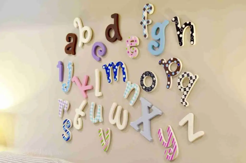 alphabet letters hanging on a wall in a playroom.