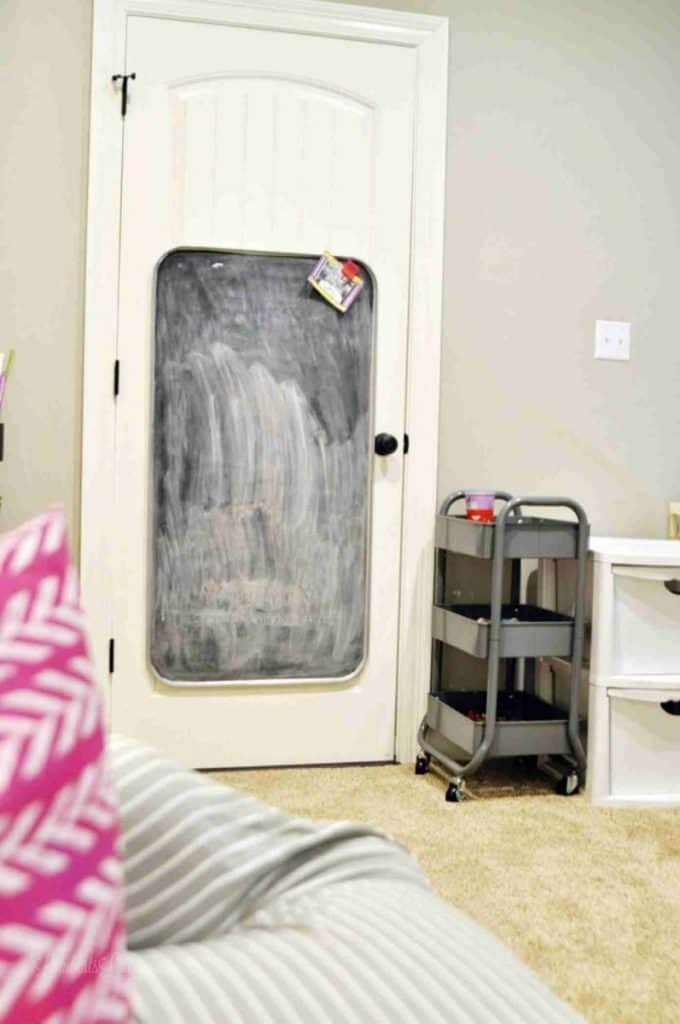 chalkboard hanging on a door.