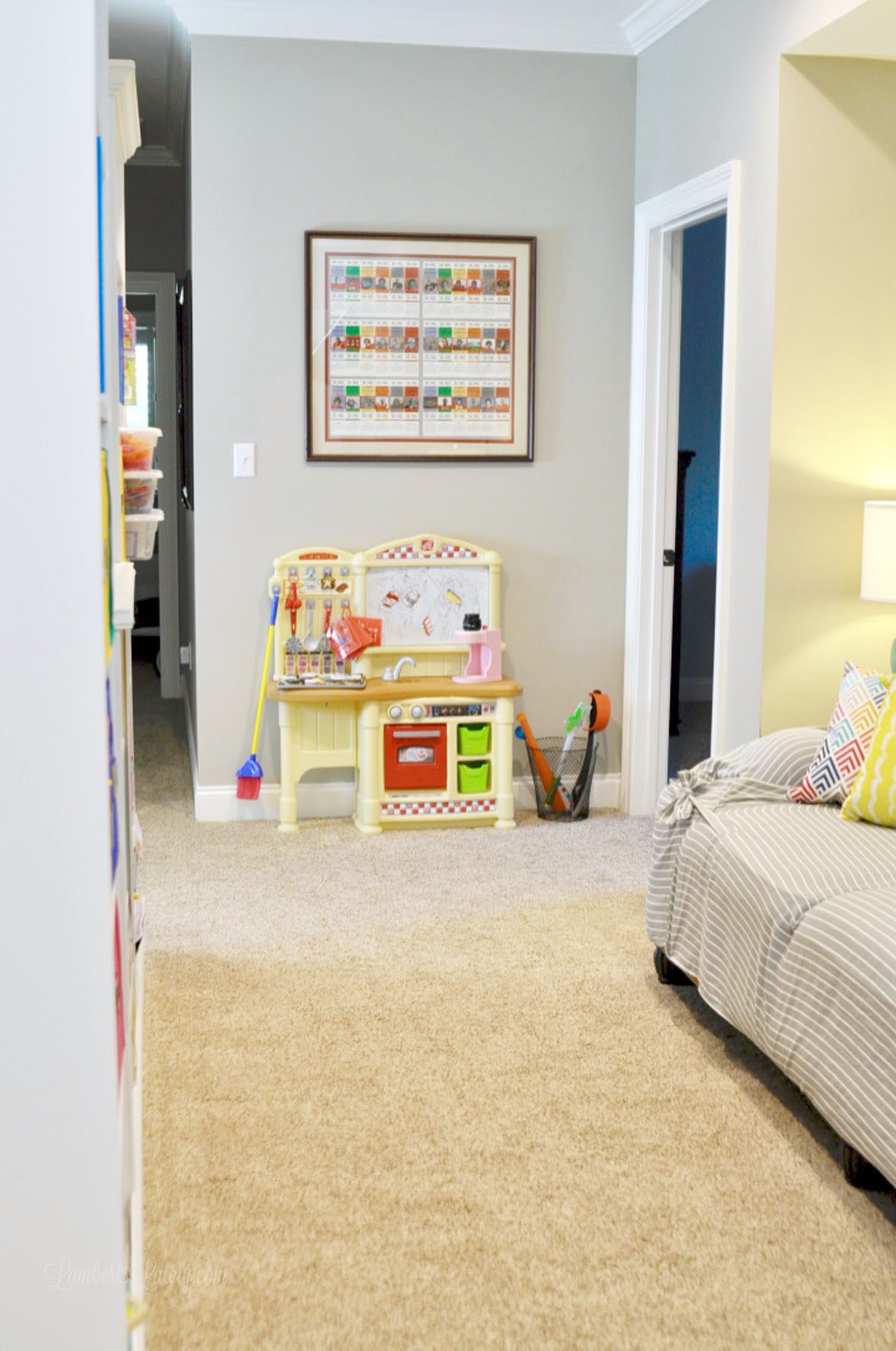 play kitchen in a playroom.