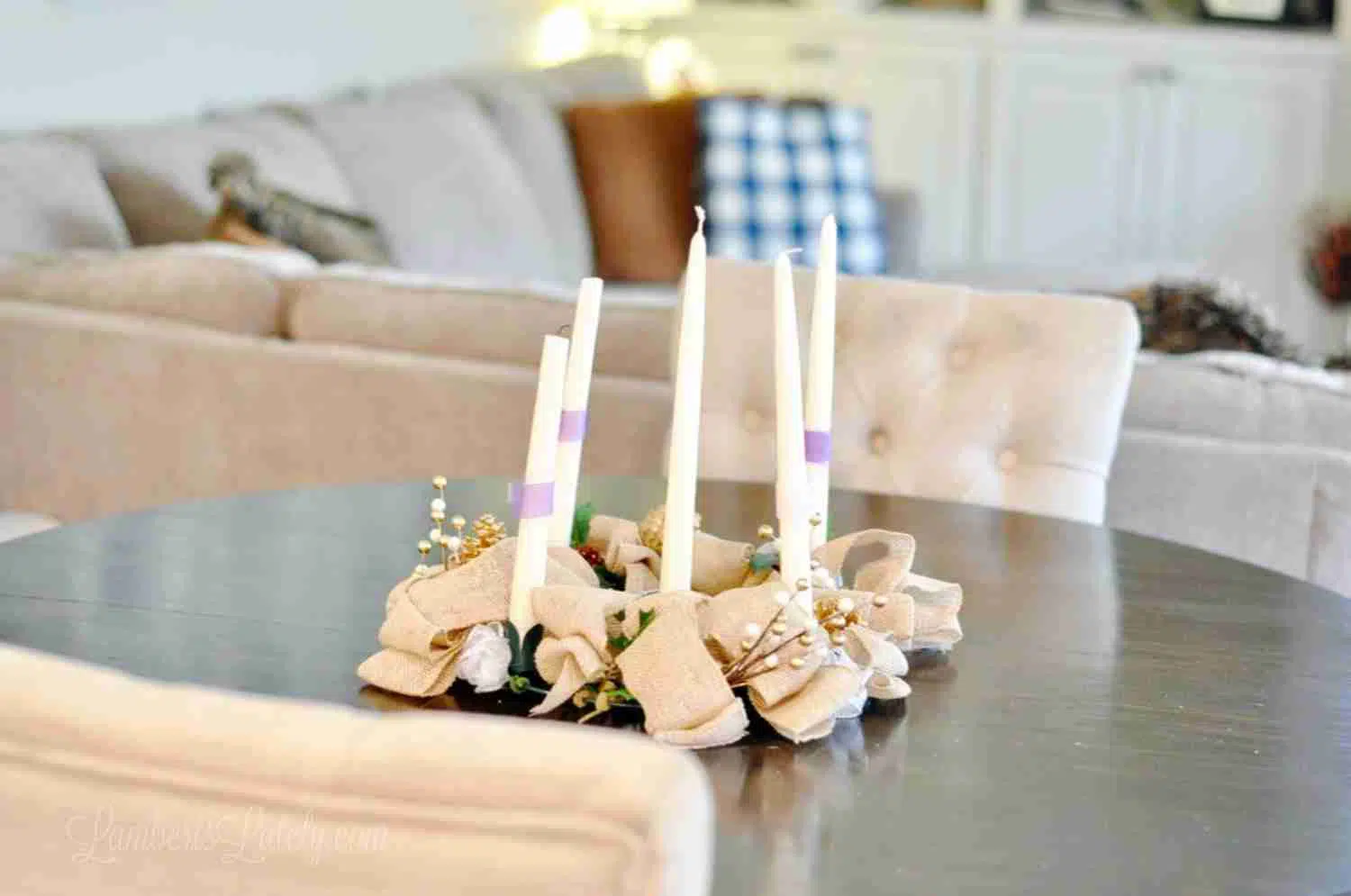 advent candles on a kitchen table.