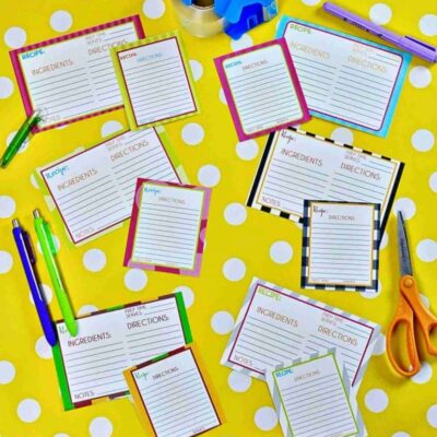 Colorful printable recipe cards with ingredients and instructions on a yellow polka dot background.
