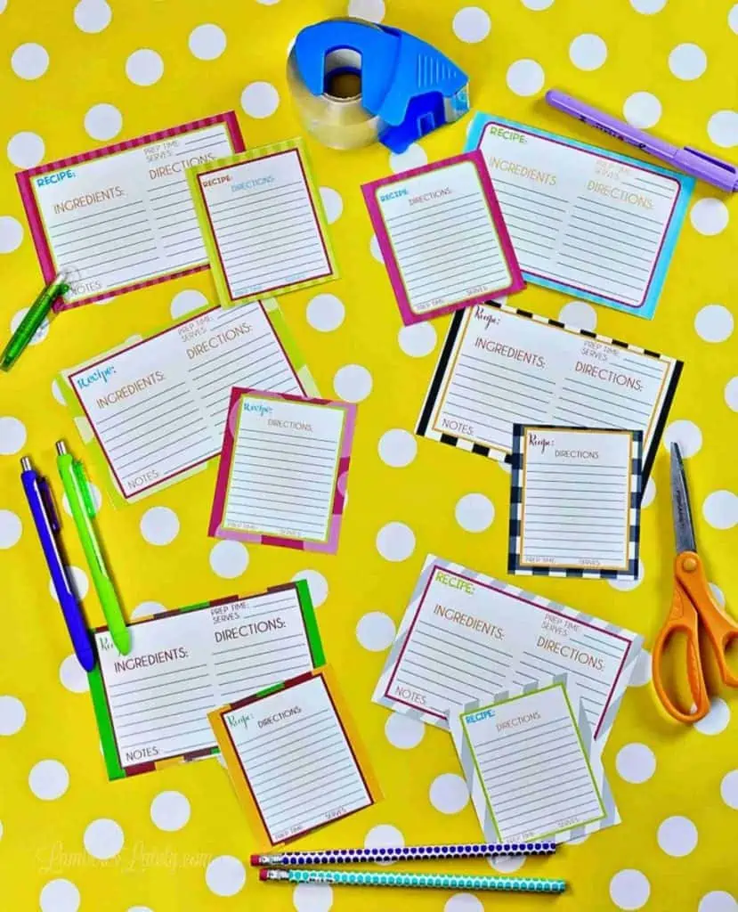 Colorful printable recipe cards with ingredients and instructions on a yellow polka dot background.