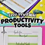 Open planner with budget and goal pages on colorful background with stationery.