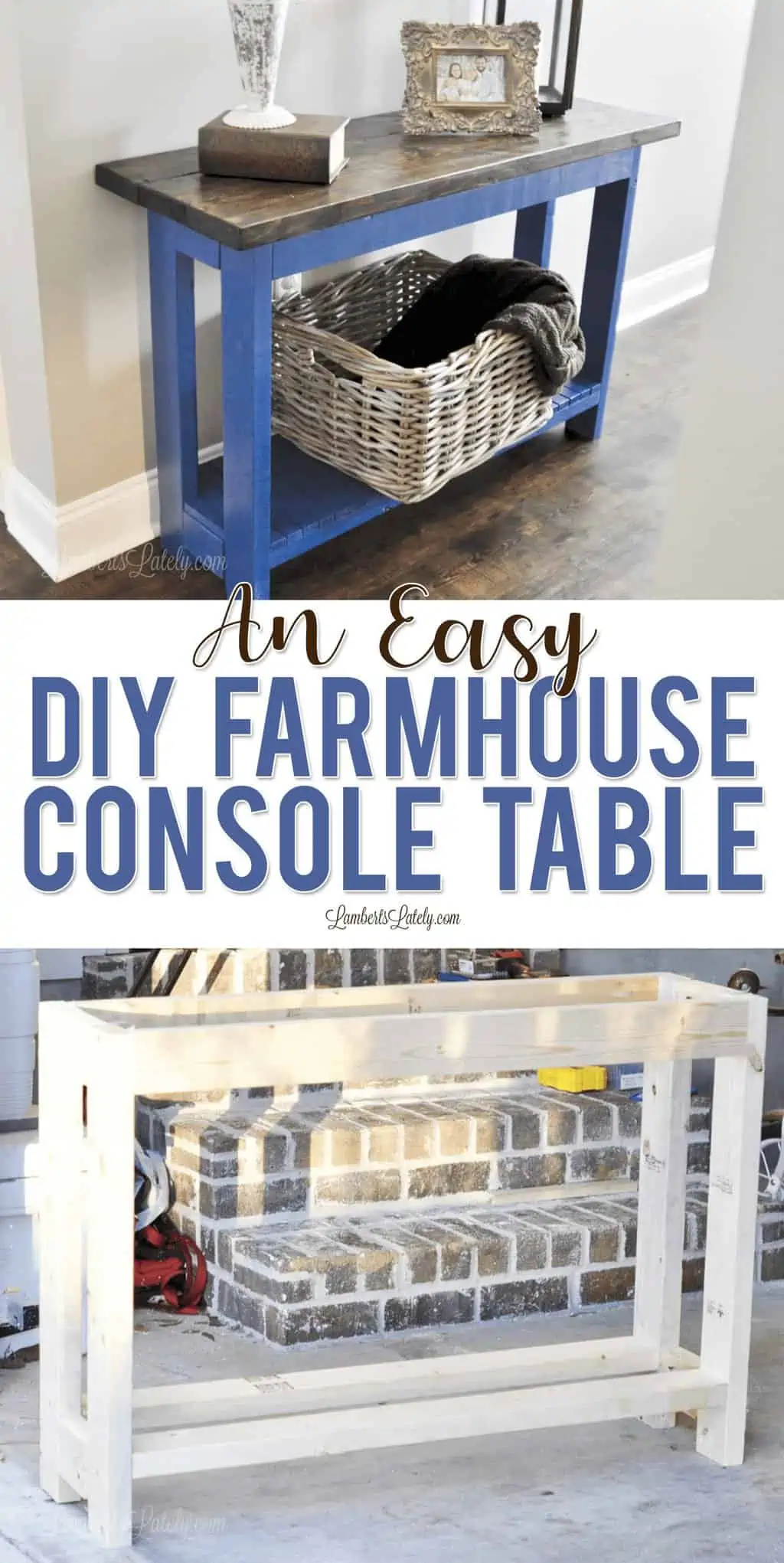 Find easy plans for a DIY farmhouse console table in this post, complete with ways to style an entry table.