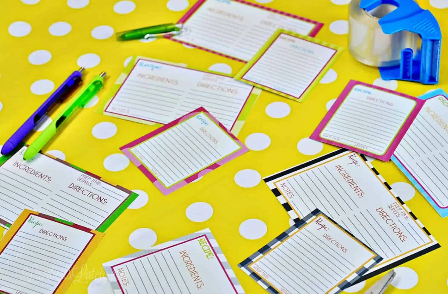 printable recipe cards on a yellow polka dot background.