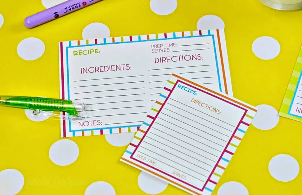 striped recipe cards on a yellow polka dot background.